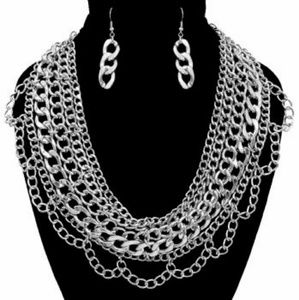 Silver Multi Chain Necklace and Earrings Set